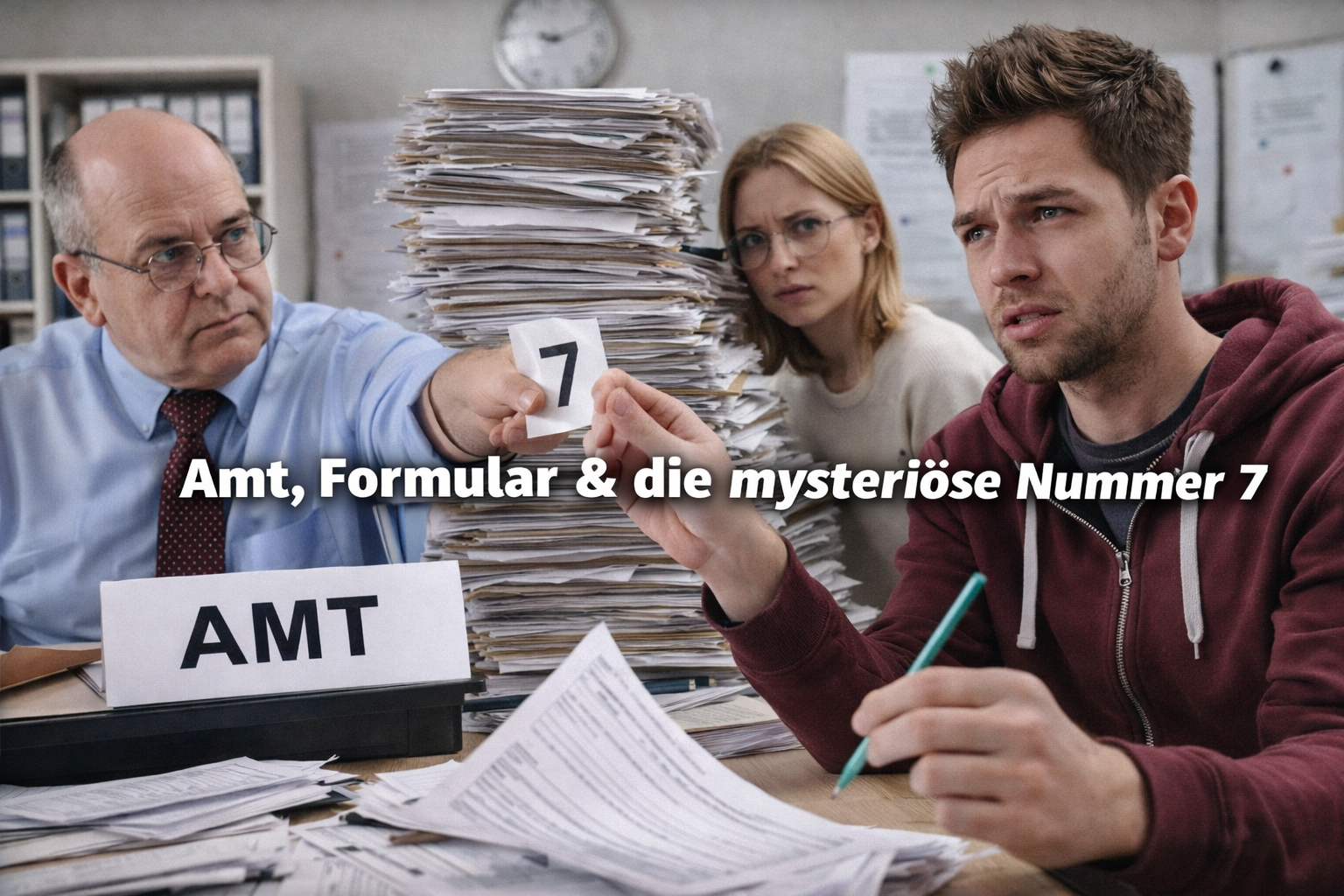 Illustration: Formular mit Stempel, Wartemarke und Nummernanzeige
